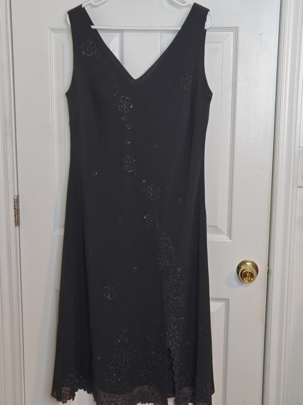 Vintage Sleeveless V-Neck Black Sparkling Beaded Slit Midi Dress Size L